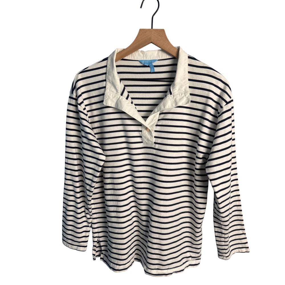 Draper James Striped Rugby Shirt Navy White Preppy Coastal Long Sleeve Top M
